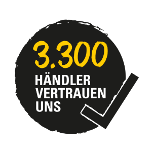 Ein schwarzer Kreis mit gelber Schrift 3.300 und weißer Schrift Händler vertrauen uns neben einem großen schwarzen Häkchen auf hellem Hintergrund.