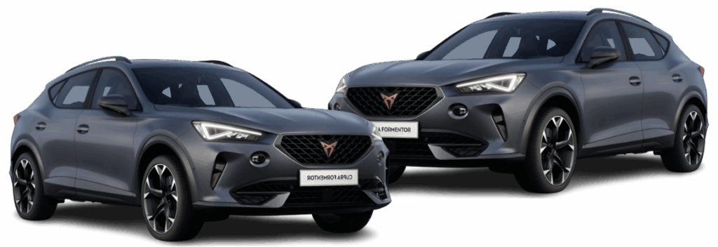 Zwei dunkelgraue, sportliche Geländewagen sind schräg nebeneinander geparkt und zeigen ihr schlankes, modernes Design, die scharfen Scheinwerfer, die großen Räder und den markanten Frontgrill.