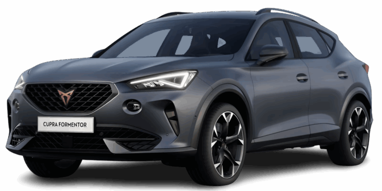 Ein mattgrauer Cupra Formentor SUV wird aus einer Dreiviertelansicht gezeigt, mit scharfen Scheinwerfern, einem markanten Kühlergrill mit dem Cupra-Logo und sportlichen schwarzen Leichtmetallrädern.